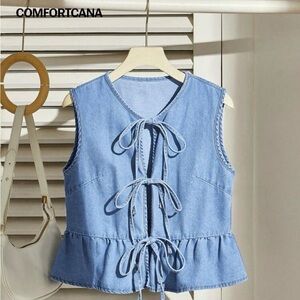 SHEIN Light Blue Denim Tie-Back Peplum Vest